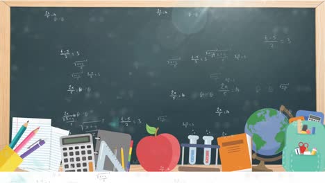 animación de ecuaciones matemáticas e iconos escolares con pizarra