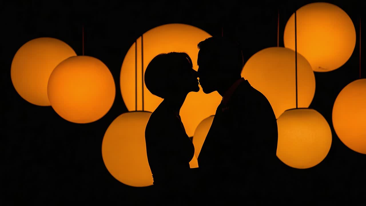 Intimate Silhouette of a Couple Embraced by Vibrant Orange orbs, Capturing Love and Connection Against a Dark Backdrop