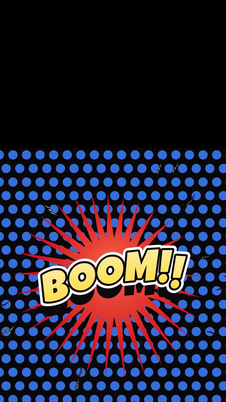 Testo "boom" verticale in stile fumetto che fluttua in un'esplosione frastagliata su punti mezzatinta blu in movimento, onomatopea pop art, loop continuo, area superiore per logo o testo