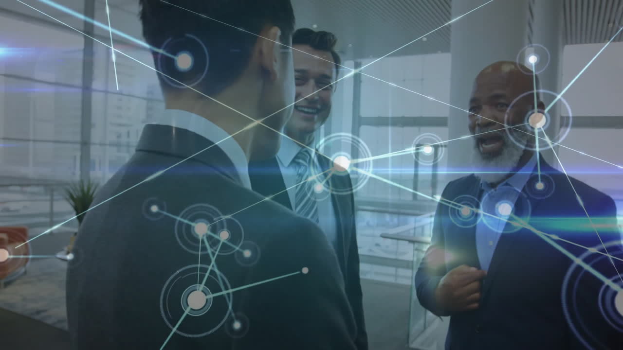 Animation of network of connections over diverse male colleagues talking in office