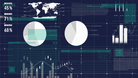 animation of data processing and diagrams over world map and globes