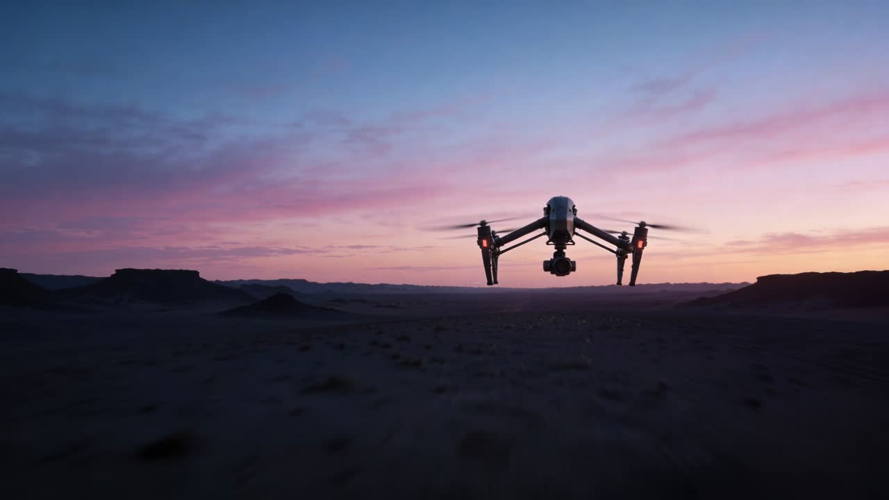 Roterende propeller løfter drone over ørkenen i skumringen, trækker sig tilbage, stabiliserer svæv med røde navigationslys.