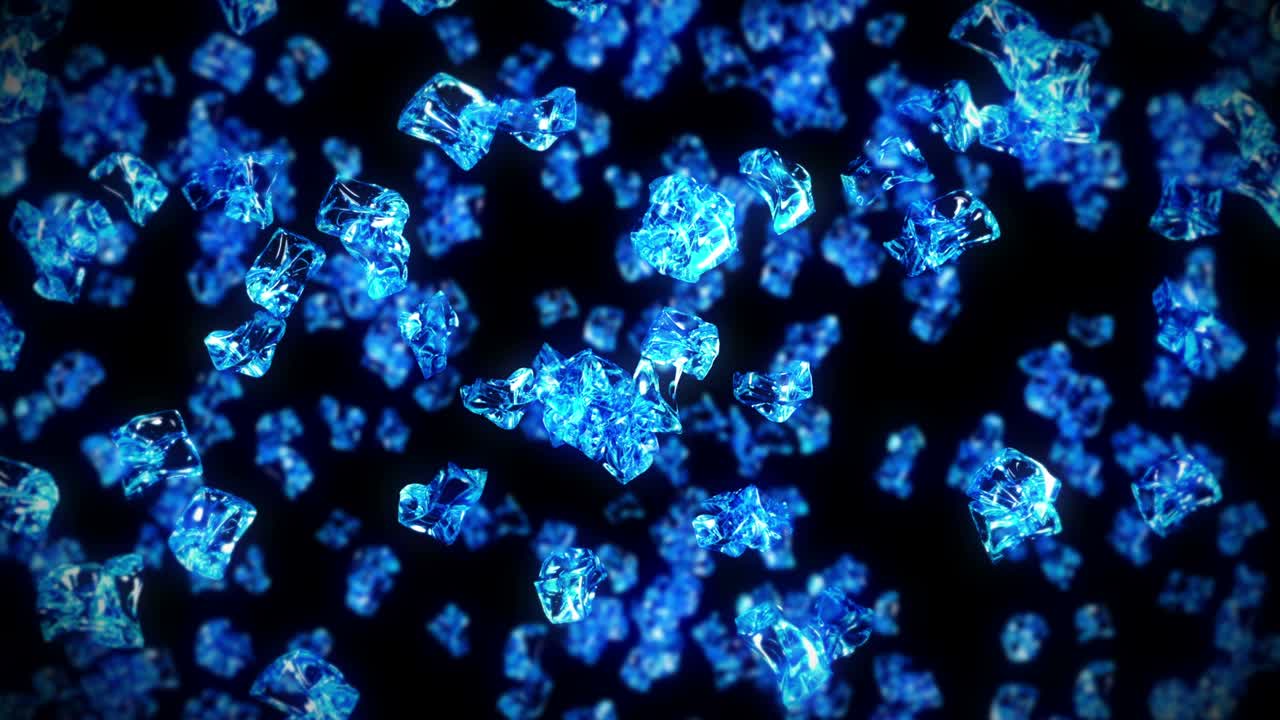 검은색 바탕에 많은 깨한 얼음 큐브를 날아. 부서진 얼음 조각, 자연 물. 부러진 얼음의 3d 애니메이션 회전. 루프 애니메이션.