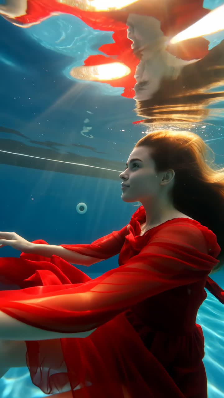 Ethereal Woman in Red Dress Underwater in a Swimming Pool
