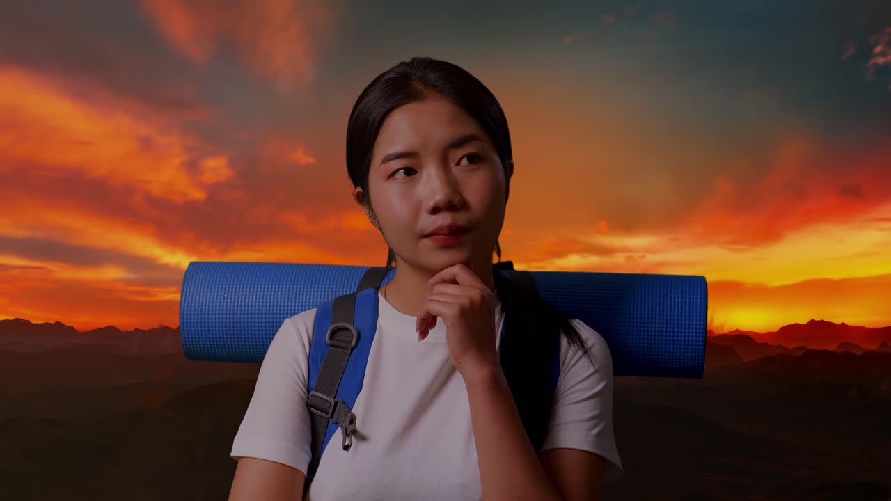 해가 지는 곳을 가리키는 행복한 여인 여행자