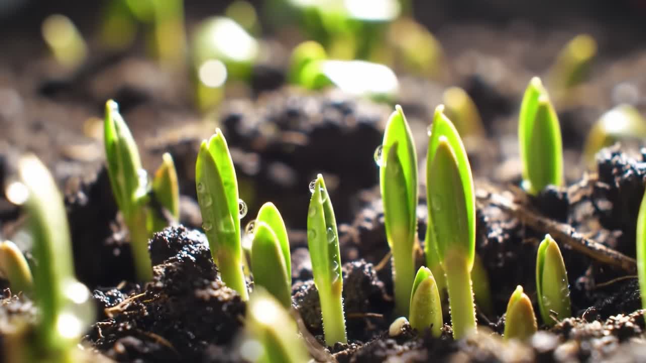 A Captivating Journey of Seedlings Emerging from Rich Soil: Witness the Transformation as Sprouts Break Through the Earth, Signifying New Life and Growth