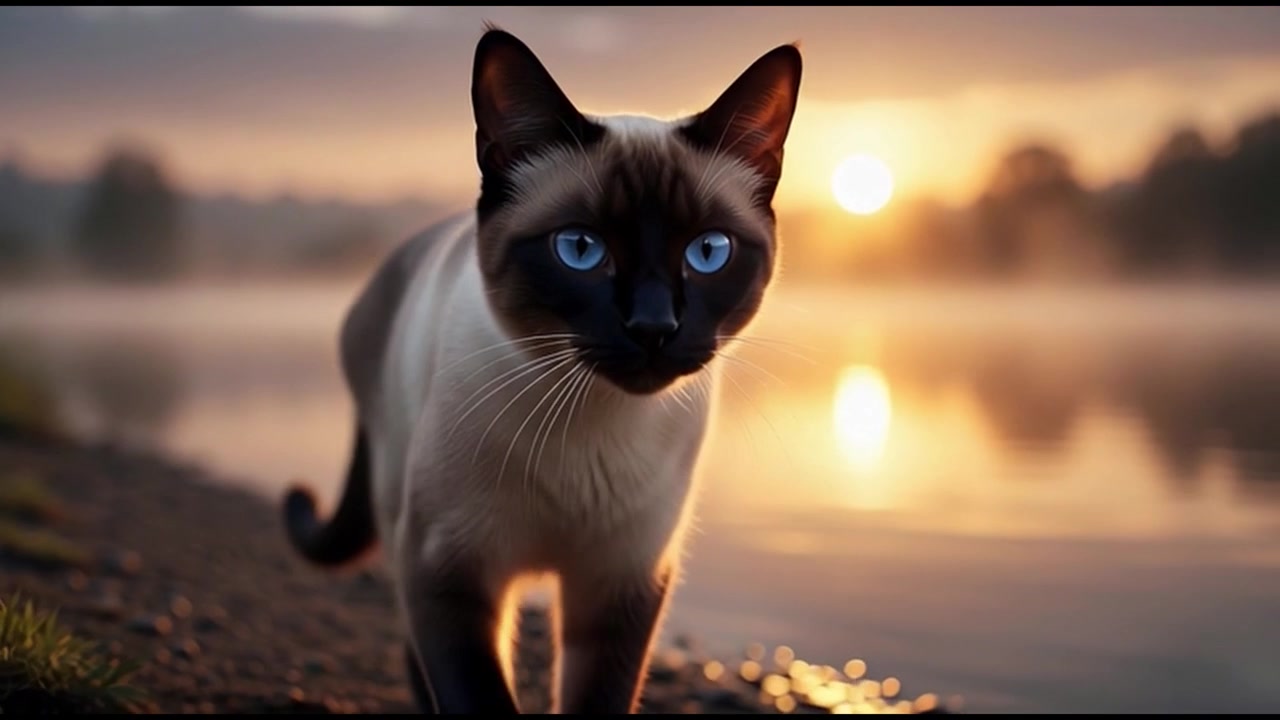 Gatto siamese che cammina lungo un lago nebbioso al tramonto