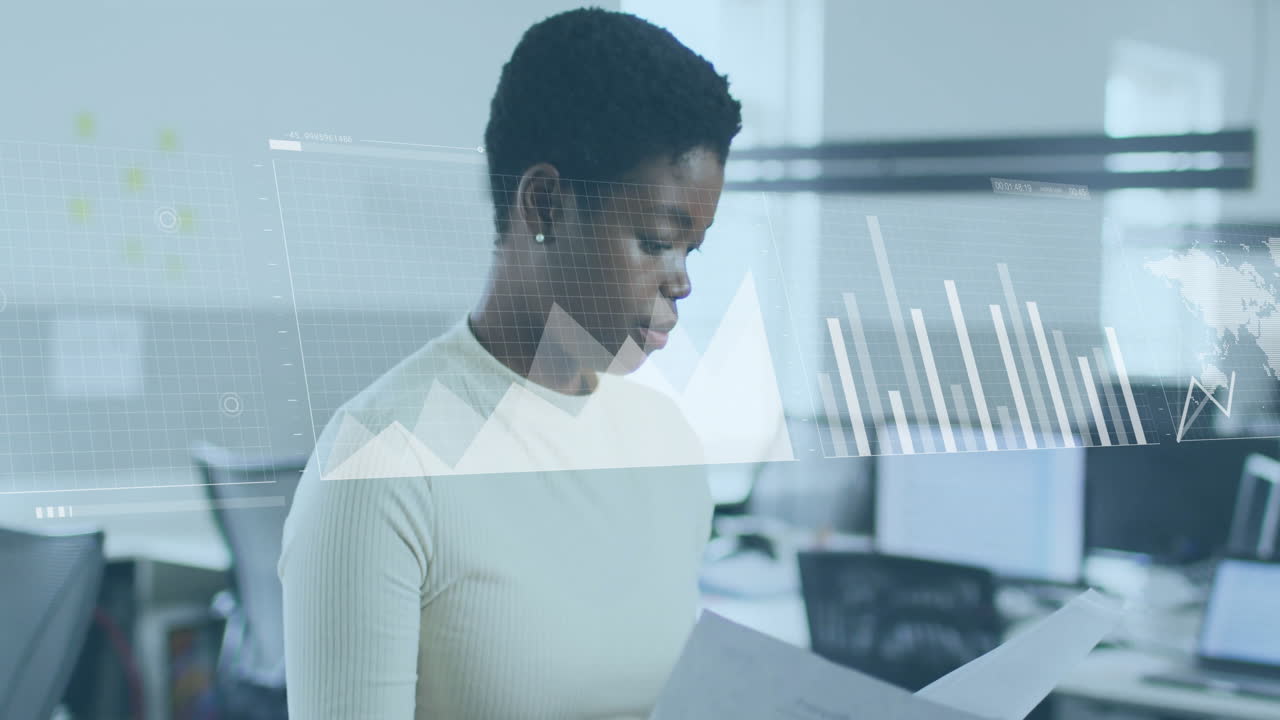 Analyzing documents, businesswoman with data charts and graphs animation over office background
