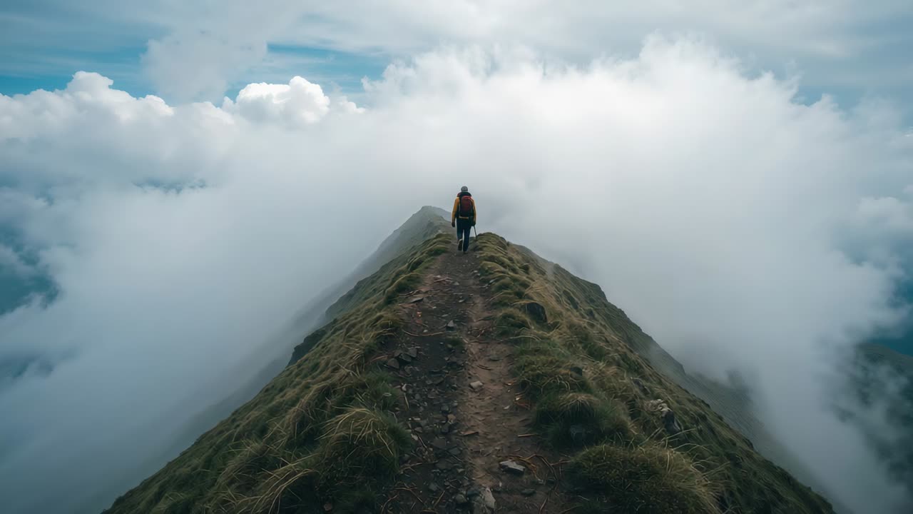 Immagine aerea che mostra un escursionista con giacca che cammina verso la vetta su una stretta cresta con uno zaino arancione