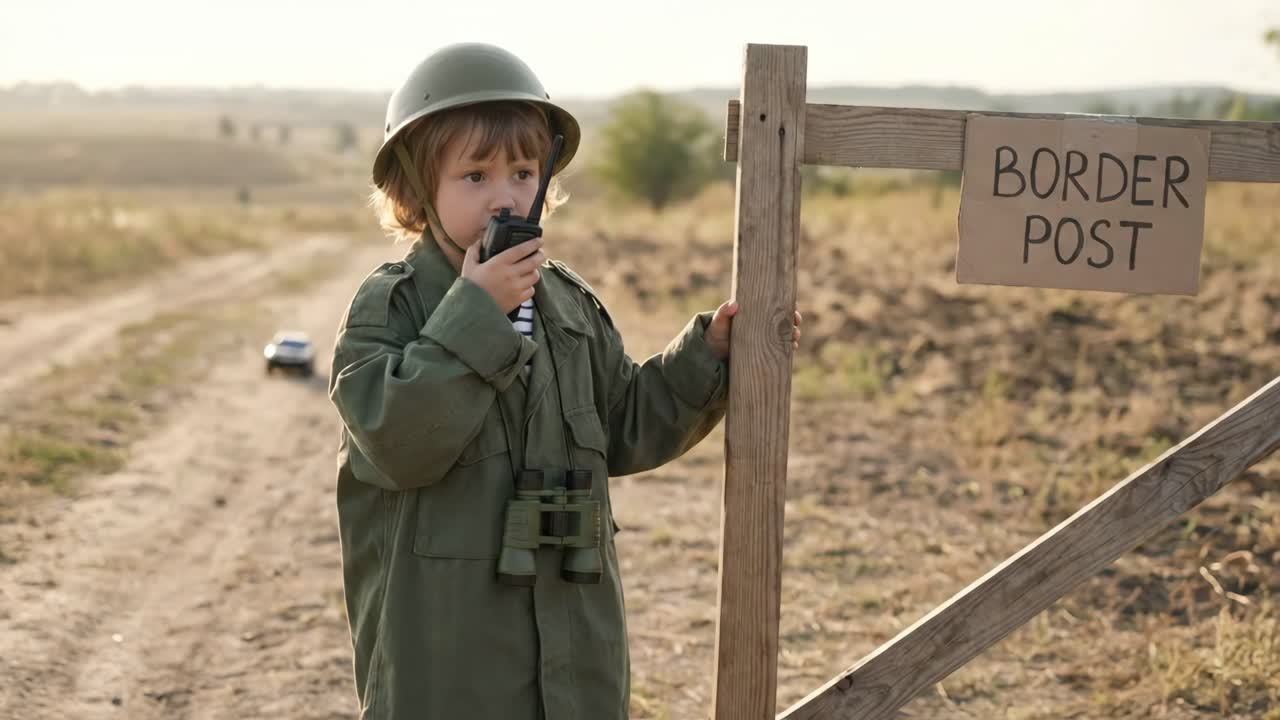 Junge, als Soldat verkleidet, spielt mit einem Walkie-Talkie an einem Grenzposten