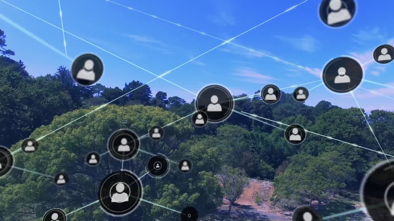 푸른 하늘을 배경으로 숲의 공중 뷰 위에 프로필 아이콘의 네트워크의 애니메이션