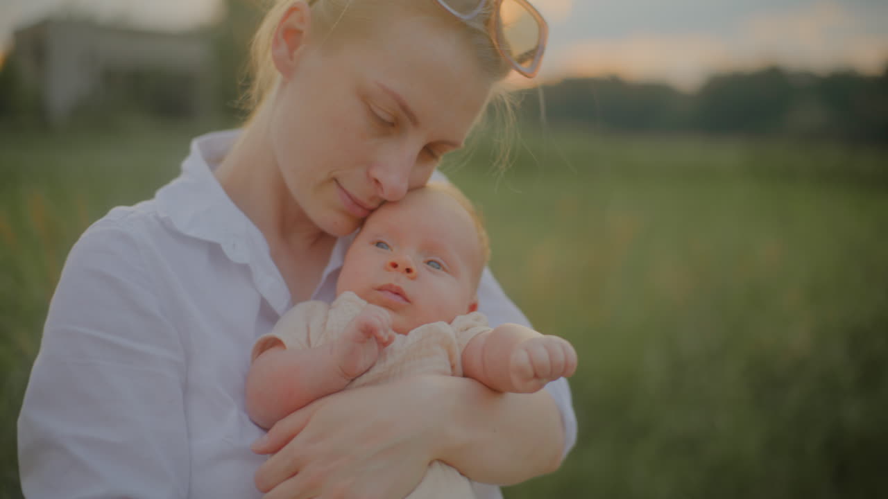 Happy Mother Holding Baby at Sunset
