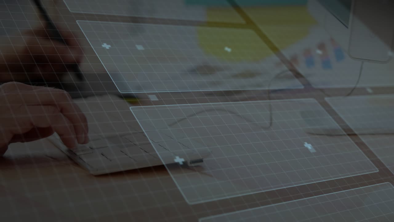 Manos apoyadas en el teclado activando un gráfico de cuadrícula holográfica con barras ascendentes para revisión de datos.