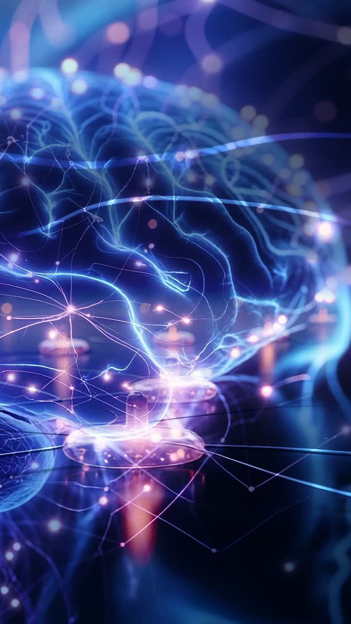 Vertical video: Pulsing 3D brain model initiating signal flow in filaments, lighting circuit nodes