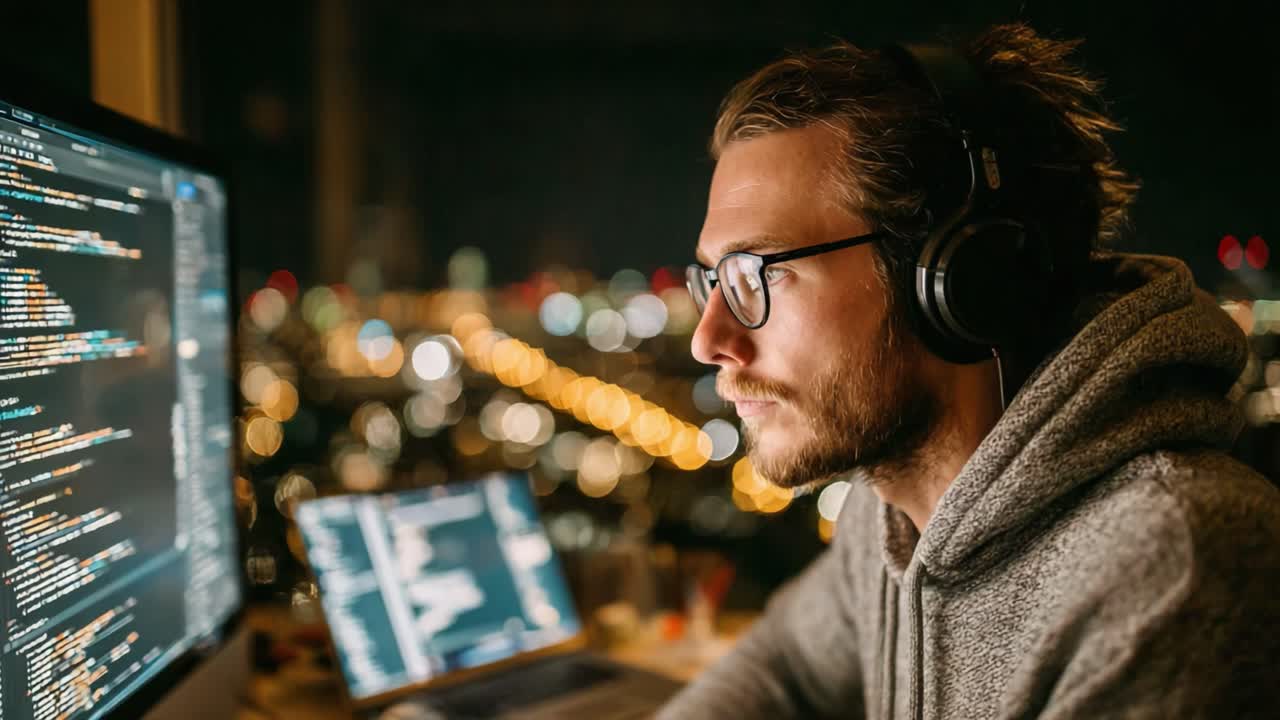 Focused Programmer Working Late at Night, Engaged with Code on Dual Monitors, Illustrating the Intensity and Dedication of Software Development in a Modern Urban Setting