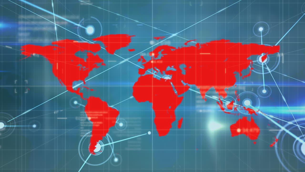 animación del mapa del mundo sobre el procesamiento de datos y la red de conexiones
