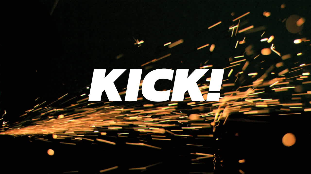 Animation of kick text over fireworks on black background