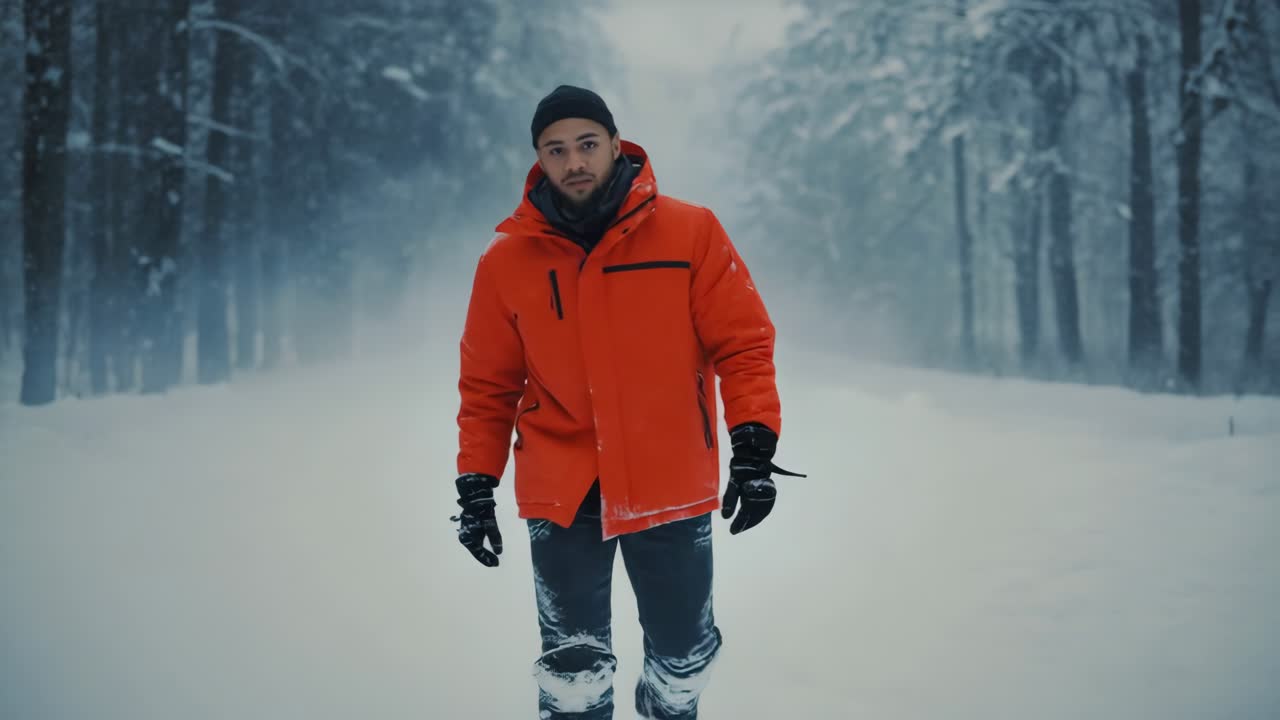 Man in Orange Jacket in Snowy Forest