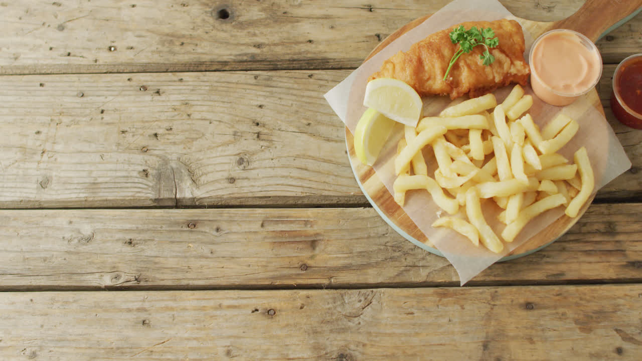Video på fish and chips på träskärbräda med dippsåser, med utrymme för text på träbord