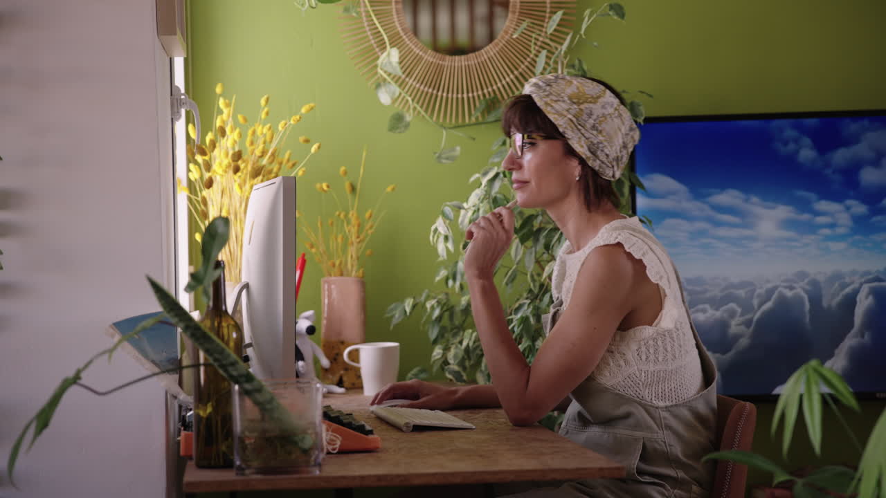 Donna che lavora al computer a casa in uno spazio di lavoro accogliente e arredato. Lavoro a distanza e stile di vita quotidiano in un confortevole ambiente di home office