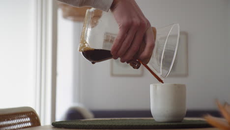 Pouring-hand-brewed-coffee-in-a-caramic-cup-in-a-Modern-Interior-Design-Living-Room