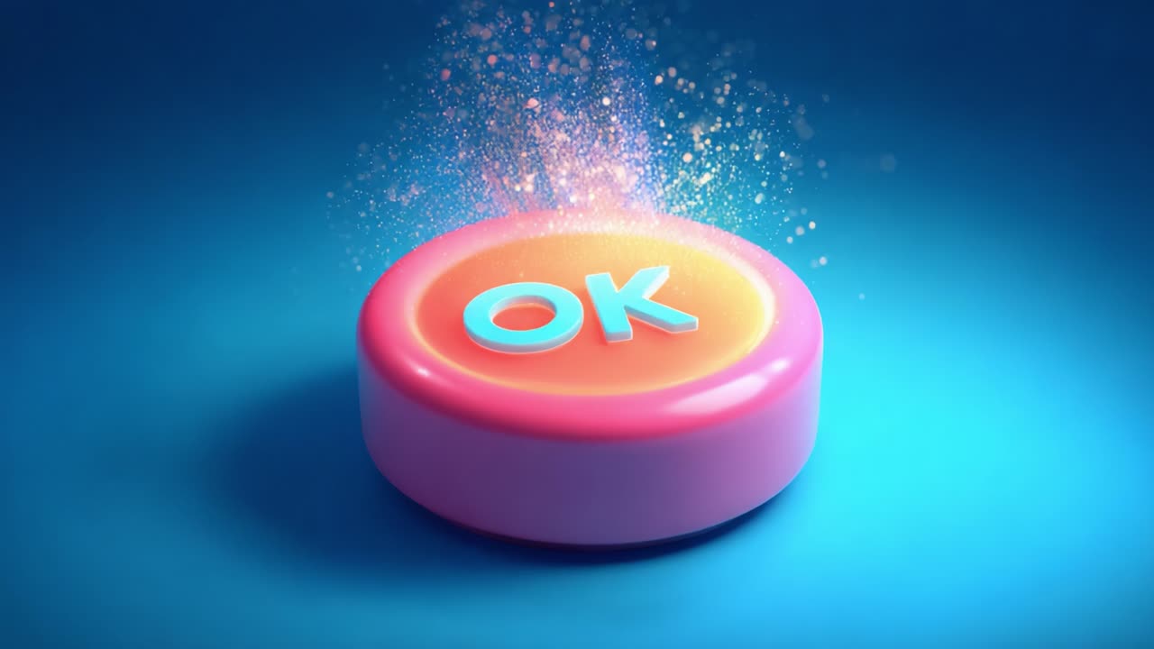 A Vibrant Magic Button Glowing with Energy: Discover the Transformative Power of the 'OK' Button Sparkling with Colorful Particles and Radiating a Sense of Affirmation