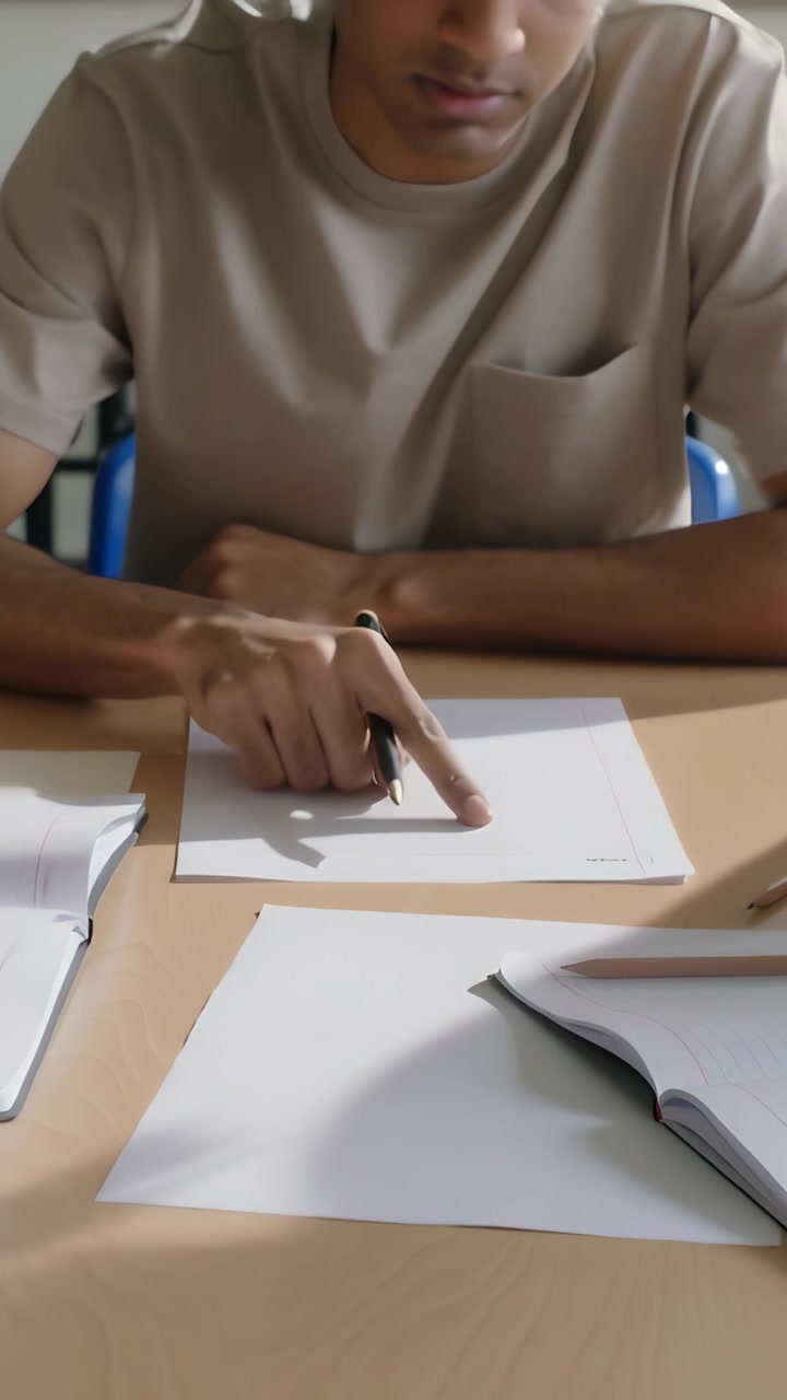 Vertical video: Pencil hovering student in beige tee pointing tapping paper at desk checking margin