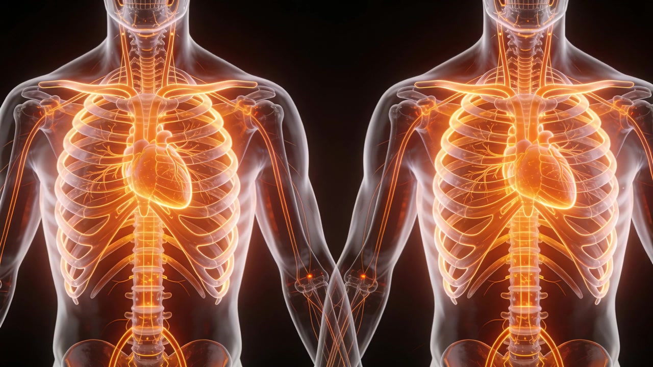 Modelli di torso specchiati animati con cuori arancioni pulsanti in uno studio nero, che mostrano la gabbia toracica per l'anatomia