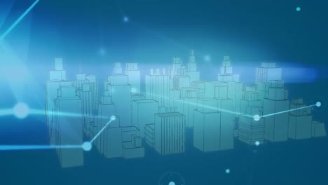 animation of network of connections with icons over digital city on blue background
