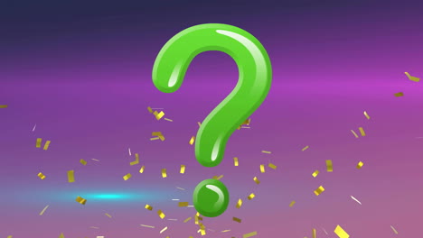 animación de signo de interrogación verde y confeti dorado que cae sobre un fondo púrpura