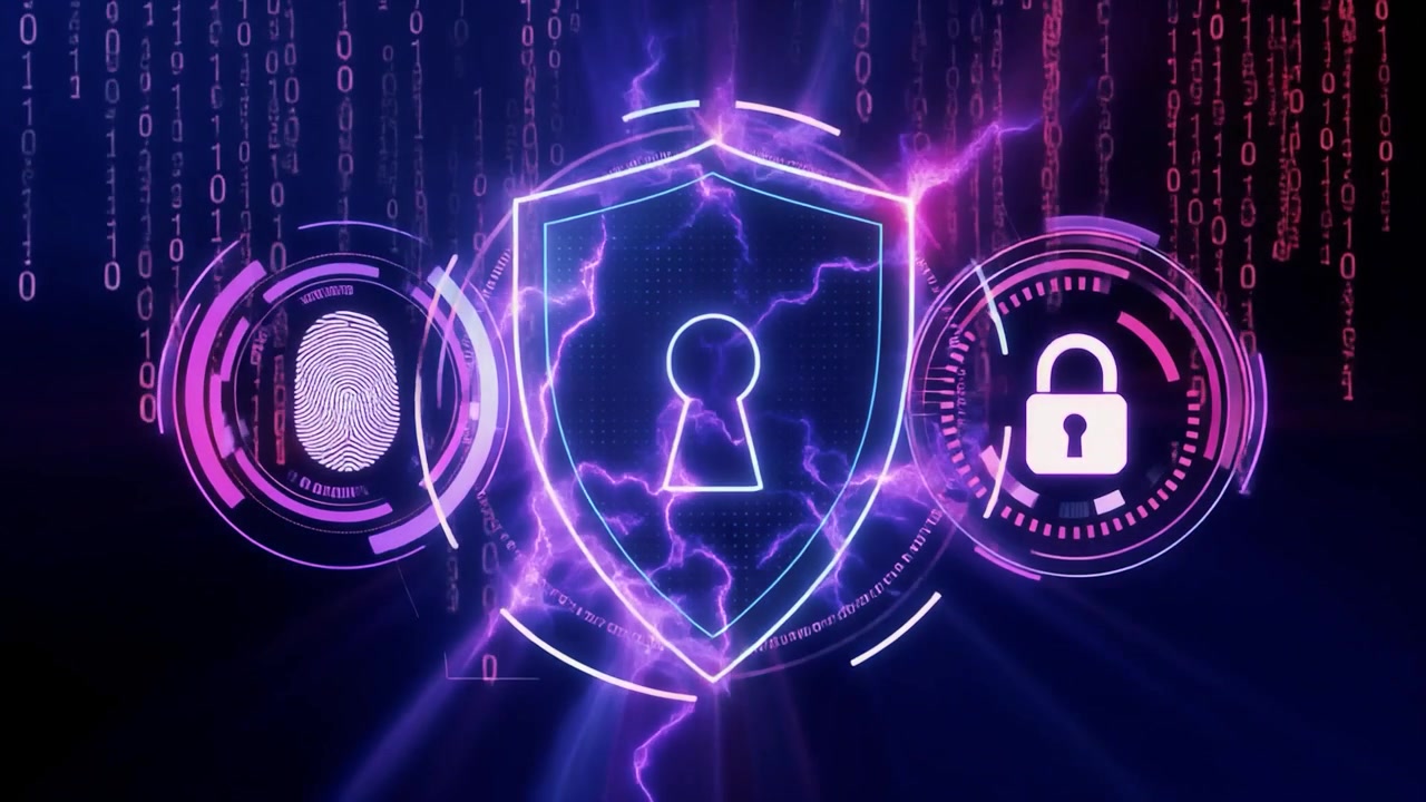 Digital Cybersecurity Shield with Biometric and Lock Icons