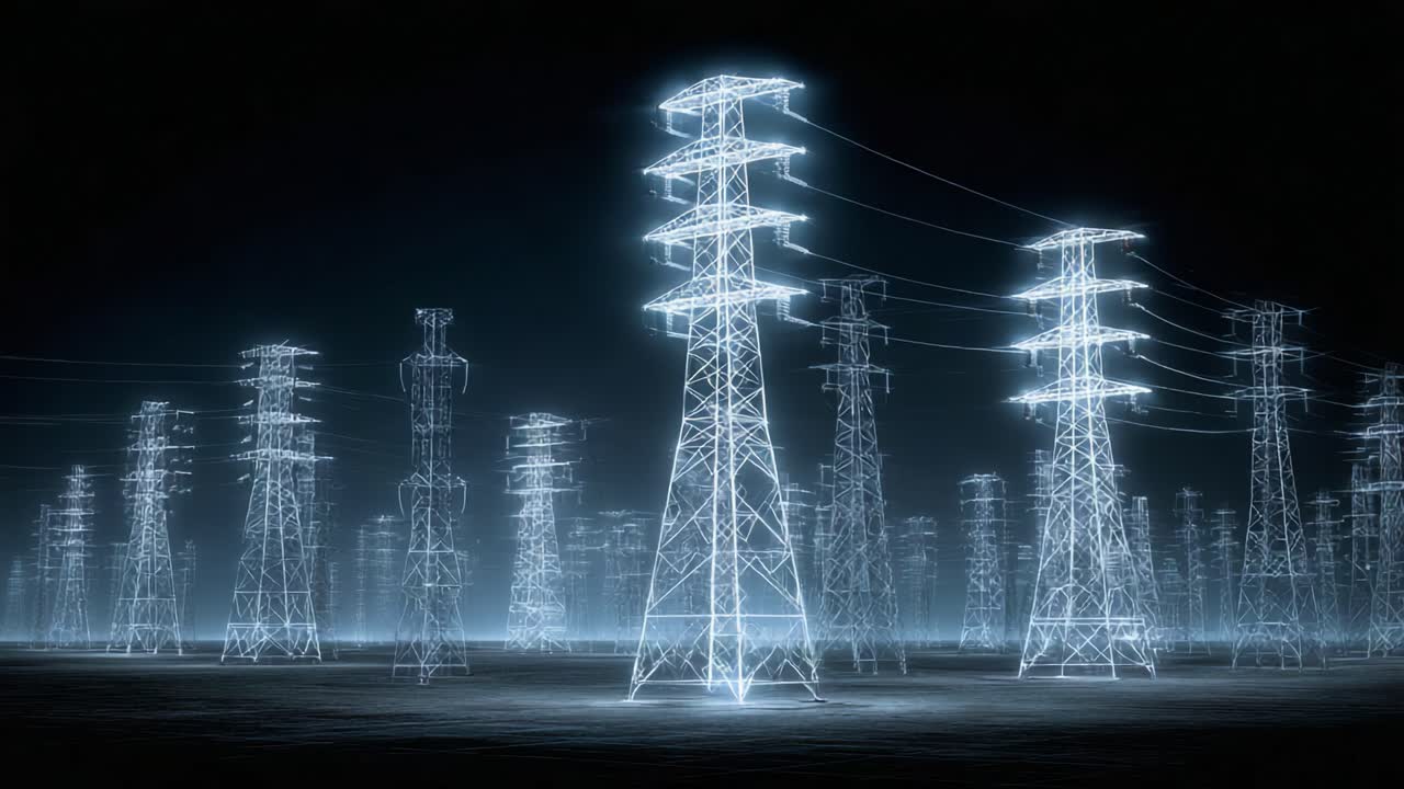 Illuminated Transmission Towers Captured in a Stunning Visual Display, Showcasing the Convergence of Technology and Nature in a Compelling Night Scene