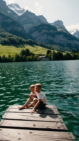 children on a wooden pier by a scenic mountain lake