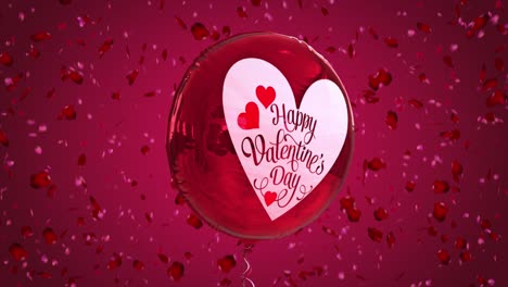 high quality seasonal motion graphic celebrating st valentine's day, with pink and red color scheme, balloon and falling red and pink rose petals - message reads "happy valentine's day