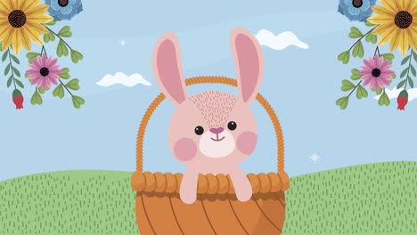 feliz animación de pascua con conejo en la canasta