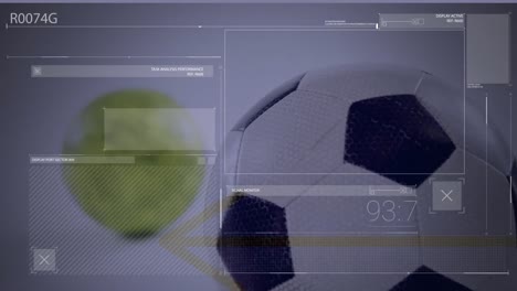 animation of financial data processing over tennis and football ball