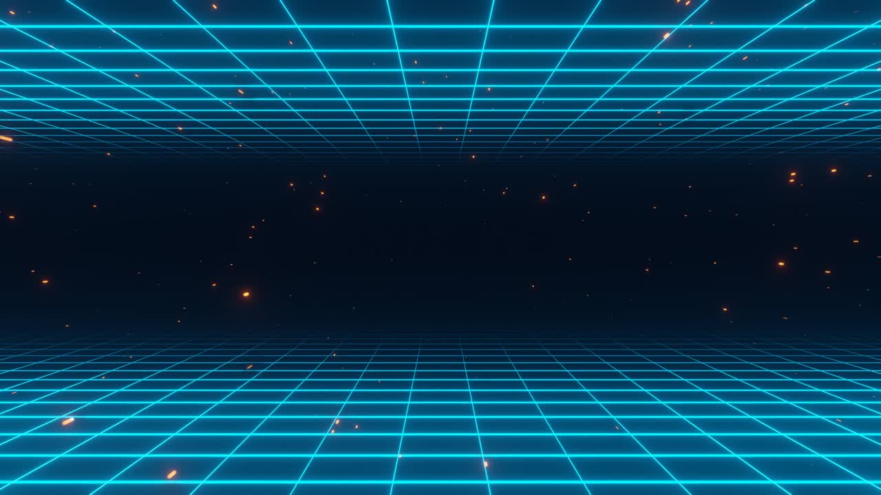 네온 산의 풍경을 배경으로 한 레트로 파동의 해가 지는 모습.