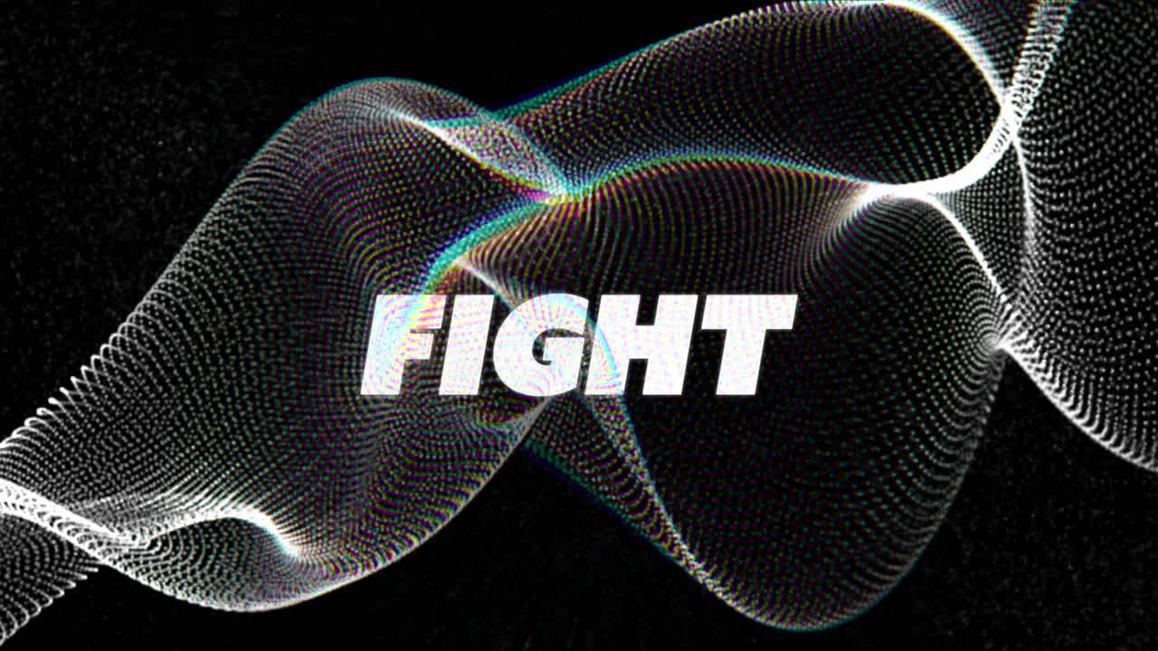 animación de un banner de texto de lucha sobre una onda digital gris contra un fondo negro