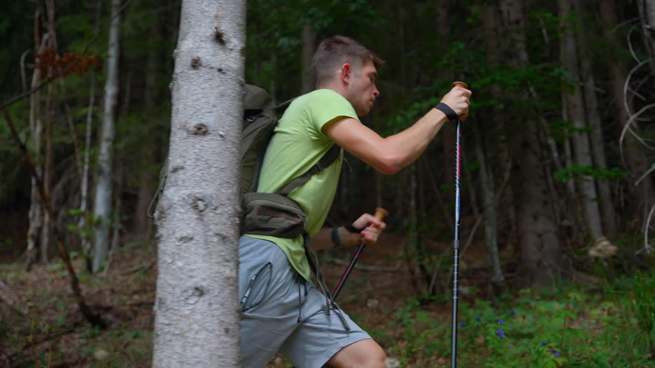 Man hiking in the forest to the mountain