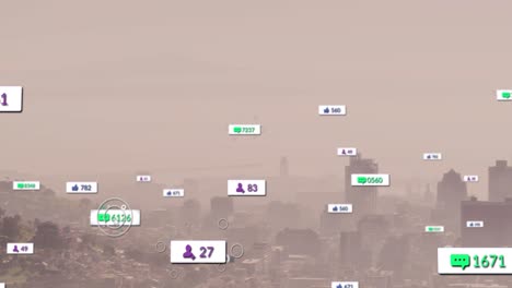 Animación-De-Etiquetas-De-Notificación-Y-Números-Sobre-Vista-Aérea-De-Montañas-Cubiertas-De-Niebla-Y-Paisaje-Urbano