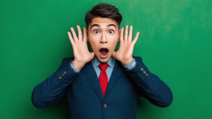 Surprised Reactions: Capturing a Shift from Shocked Expression to a Calm Smile in a Professional Setting Against a Bright Green Background