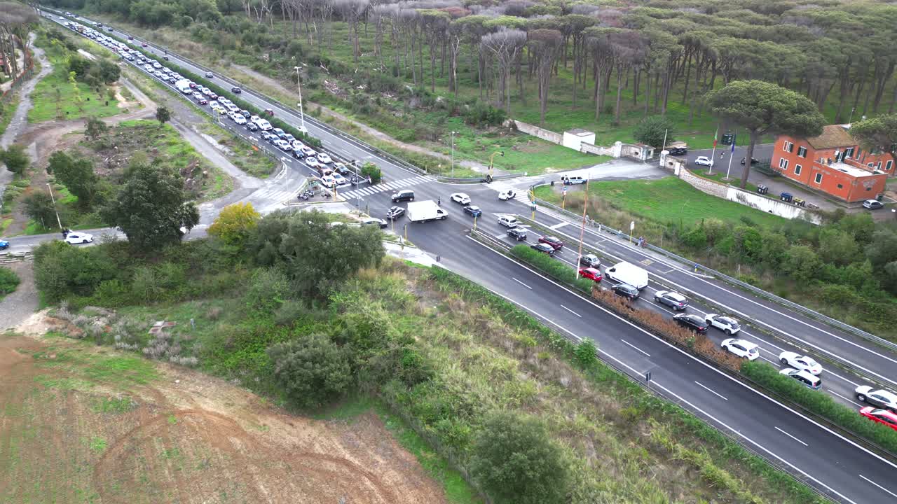 Aerial orbit Of Highway Intersection Traffic Europe