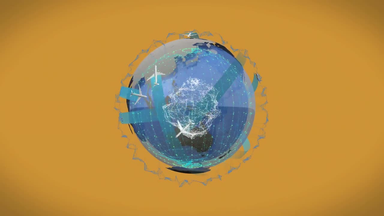 animación de aviones con procesamiento de datos sobre el globo.