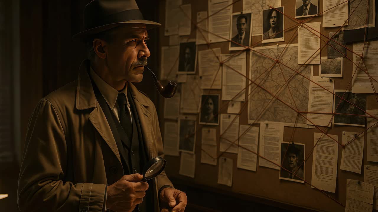Detective in trench coat examines evidence board with magnifying glass