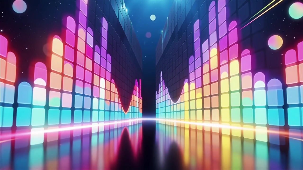 Futuristisk regnbuefarvet neon musik equalizer visualisering baggrund.