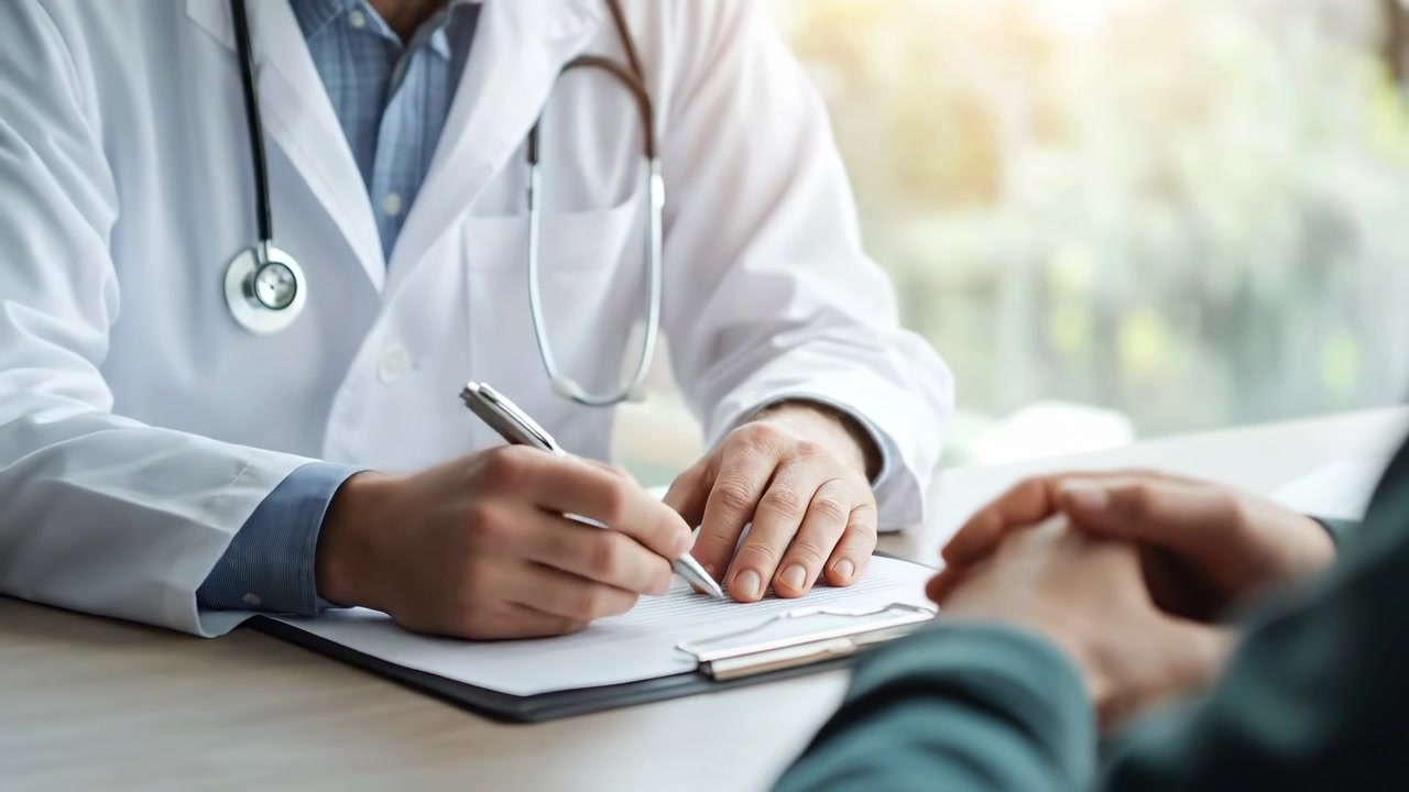 Médico Explicando Receita ao Paciente em Consultório Médico
