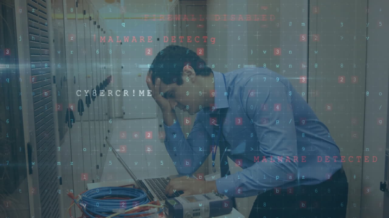 Animation of digital data processing over caucasian male it engineer with laptop by computer servers