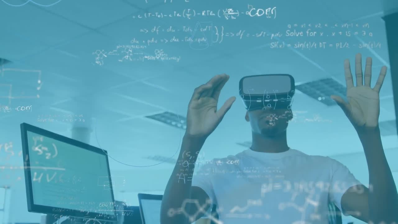 Animation of mathematical equations over african american man wearing vr headset