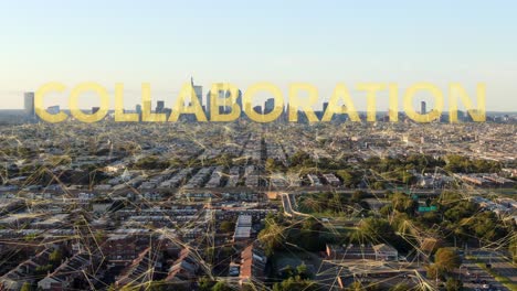 collaboration words appear in large metropolitan city covered in network overlay