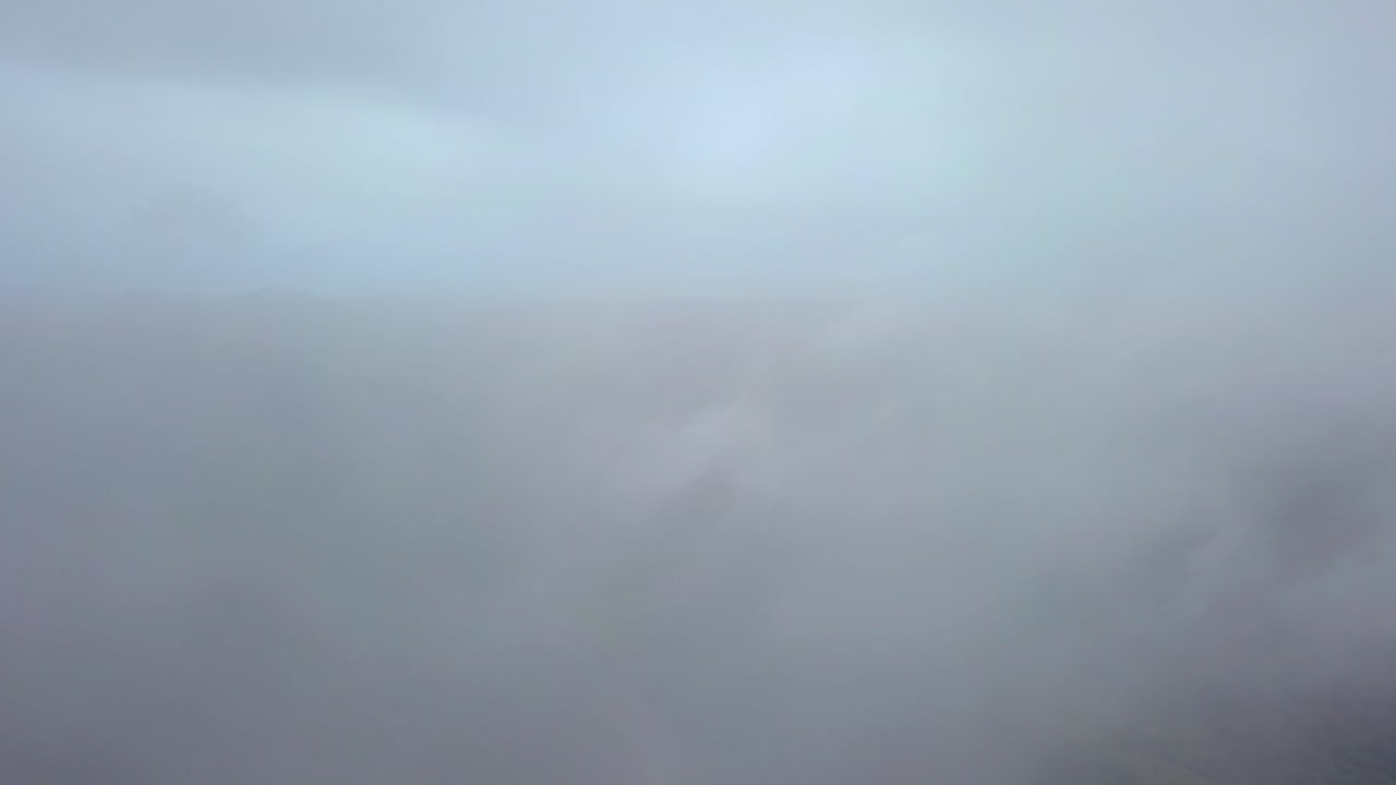 구름을 통해 극적인 공중 전진 비행과 길을 건너는 정글의 시골 나무에 대한 장엄하고 선명한 영상